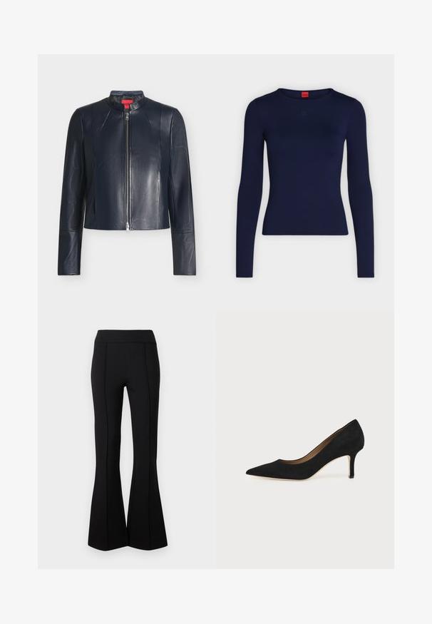 Veste en cuir noire avec fermeture éclair frontale, col montant, manches longues et coupe ajustée sur un fond clair uni.; Chemise ajustée bleu marine à manches longues avec un col rond et un logo discret au centre de la poitrine, étiquette rouge de la marque à l'intérieur du col.; Pantalon noir à taille haute évasé avec des coutures verticales à l'avant et des jambes larges, présenté sur un fond clair uni.; Escarpin en daim noir à bout pointu avec un talon stiletto fin de hauteur moyenne et un design à coupe basse sur un fond uni.