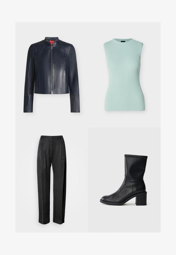 Veste en cuir noire avec fermeture éclair frontale, col montant, manches longues et coupe ajustée sur un fond clair uni.; Haut sans manches en maille côtelée vert menthe pâle avec un col rond et une coupe ajustée sur un fond uni.; Pantalon noir à jambes larges en tissu lisse, avec plis sur le devant, braguette zippée et ceinture classique.; Botte en cuir noir à cheville avec un bout rond, texture lisse et un talon épais, présentant un tige ajustée et un subtil détail de couture.
