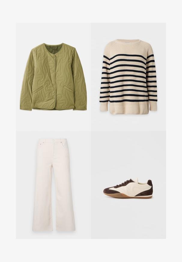Veste matelassée olive verte avec un col arrondi, des boutons à l'avant, deux poches latérales et un motif en ondulations. Texture de tissu douce.; Pull beige en maille à manches longues avec des rayures noires horizontales et des poignets, un ourlet et un col rond côtelés.; Pantalons en denim beige clair à jambes larges, taille haute, avec cinq poches et une fermeture à bouton à l'avant. Texture lisse, détails de couture minimalistes.; Baskets marron et crème présentant un mélange de matériaux texturés et lisses, profil bas, design à lacets, et semelle en caoutchouc.