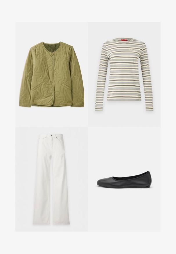 Veste matelassée olive verte avec un col arrondi, des boutons à l'avant, deux poches latérales et un motif en ondulations. Texture de tissu douce.; T-shirt à manches longues avec col rond, rayures horizontales beige, grises, noires et jaunes, et petit logo blanc "MAX&Co." sur la poitrine.; Pantalon blanc taille haute à jambes larges avec poches plaquées à l'avant, fermeture par bouton et zip, posé à plat sur un fond blanc.; Ballerines en cuir noir avec un bout rond, texture lisse, détails de couture minimalistes et design de semelle flexible.