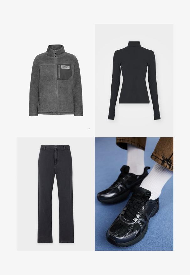 Donkergrijze fleecejacket met volledige rits aan de voorkant, hoge kraag, zijzakken en een ritszak op de borst met een stoffen label.; Zwarte geribbelde coltrui met lange mouwen, nauwsluitende pasvorm, gladde textuur en subtiele rek, ontworpen voor comfort en laagjes.; Zwarte jeans met rechte pijpen, knoop- en ritssluiting aan de voorkant, riemlussen en klassiek ontwerp met vijf zakken, plat gelegd op een witte achtergrond.; Zwarte Nike sneakers van mesh en synthetisch materiaal, met een gestructureerde bovenzijde, zwarte veters en duurzame rubberen zolen. Witte geribbelde sokken zichtbaar.