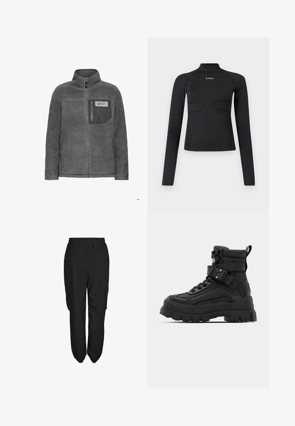 Veste en polaire gris foncé avec fermeture éclair sur toute la longueur, col haut, poches latérales et une poche poitrine zippée avec une étiquette en tissu.; Haut ajusté à manches longues noir avec col montant et logo "LeGer" blanc centré sur la poitrine, le tout sur fond blanc.; Pantalons cargo noirs avec une coupe décontractée, dotés d'une taille élastique, de deux poches latérales et de deux poches arrière. Tissu léger, texture lisse.; Bottes noires de cheville avec une tige texturée, semelle épaisse, lacets à l'avant et sangle ajustable avec détail de logo. Semelle extérieure en caoutchouc avec un profil prononcé.