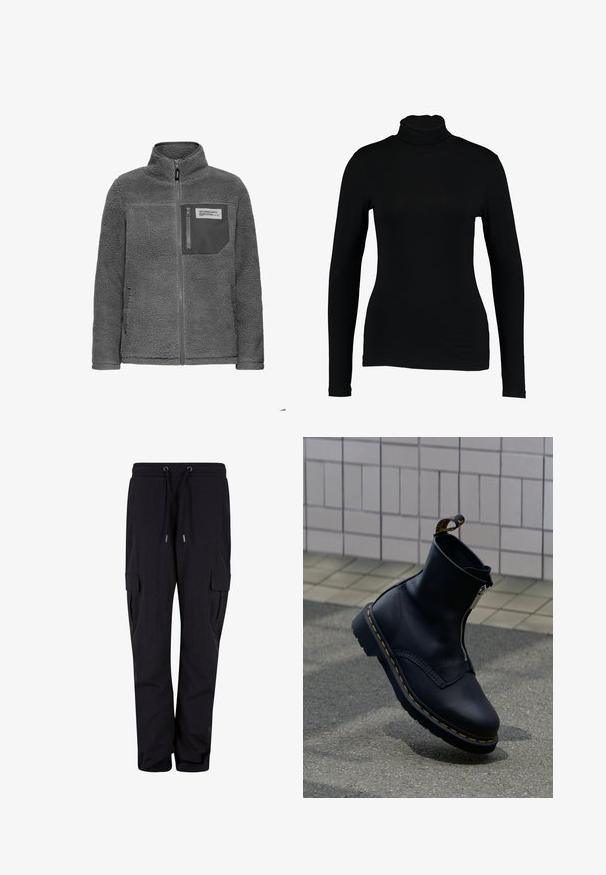 Veste en polaire gris foncé avec fermeture éclair sur toute la longueur, col haut, poches latérales et une poche poitrine zippée avec une étiquette en tissu.; T-shirt noir à manches longues et col roulé en tissu lisse, avec une coupe ajustée et un col haut, idéal pour les superpositions ou à porter seul.; Pantalons cargo noirs en tissu doux, dotés d'une taille élastique avec cordons de serrage et de poches latérales. Design à jambes droites.; Bottine en cuir noir avec fermeture éclair latérale, surface texturée, surpiqûres jaunes en accent et semelle en caoutchouc.