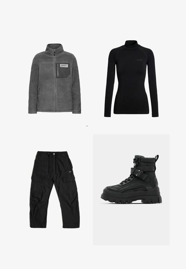 Donkergrijze fleecejacket met volledige rits aan de voorkant, hoge kraag, zijzakken en een ritszak op de borst met een stoffen label.; Zwart turtleneckshirt met lange mouwen gemaakt van rekbare stof. Heeft een nauwsluitend ontwerp met geribbelde accenten en een klein merklogo op de borst.; Zwarte cargobroek van stof, voorzien van een elastische tailleband met een trekkoord, meerdere zijzakken en een relaxte pasvorm.; Zwarte enkellaarsjes met een gestructureerde bovenkant, dikke zool, vetersluiting aan de voorkant en een verstelbare band met logo-details. Rubberen buitenzool met uitgesproken profiel.