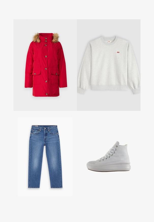 Rode gewatteerde jas met een met bont gevoerd capuchon, voorzien van een knoopsluiting aan de voorkant, twee grote opgestikte zakken en een gladde, glanzende afwerking.; Lichtgrijze crewneck-sweatshirt met lange mouwen en een klein rood Levi's-logo op de linkerborst.; Blauwe hoge taille straight-leg jeans met een knoop aan de voorkant, rits en vijf zakken, plat weergegeven op een witte achtergrond.; Witte hoge canvas sneaker met witte veters, metalen oogjes, dikke rubberen zool en gestructureerde neuskap, naar links gericht op een witte achtergrond.