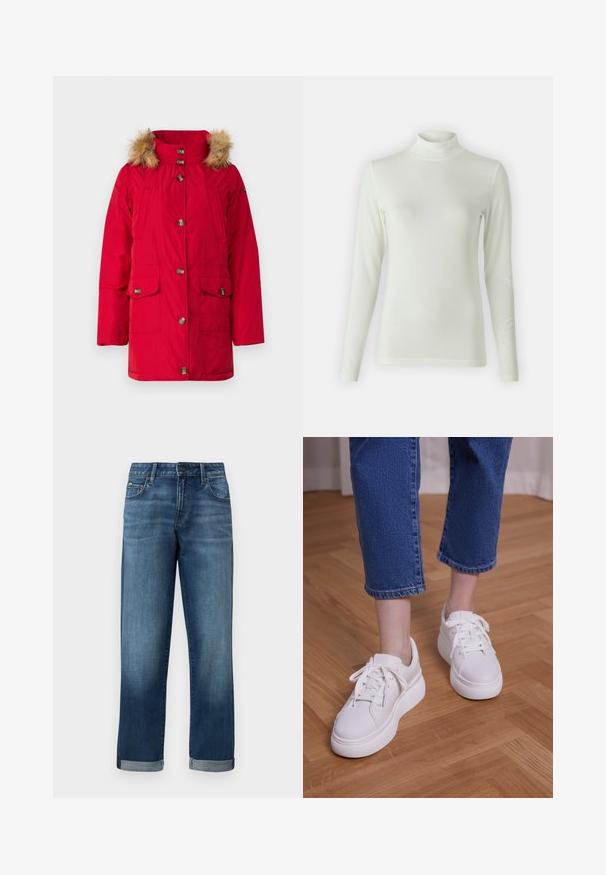 Rød polstret jakke med hætte foret med pels, med frontknaplukning, to store klaplommer og en glat, blank finish.; Langærmet polokravebluse i lys creme, fremstillet af et glat, strækbart stof. Tætsiddende design med ribbet tekstur ved halsudskæringen.; Denim jeans i en mellem blå vask med et lige ben design, der har rullede manchetter og minimal slid. Klassisk fem-lomme stil.; Ben iført cropped blå jeans og hvide snørebånds-plateausneakers, stående på lyst trægulv.