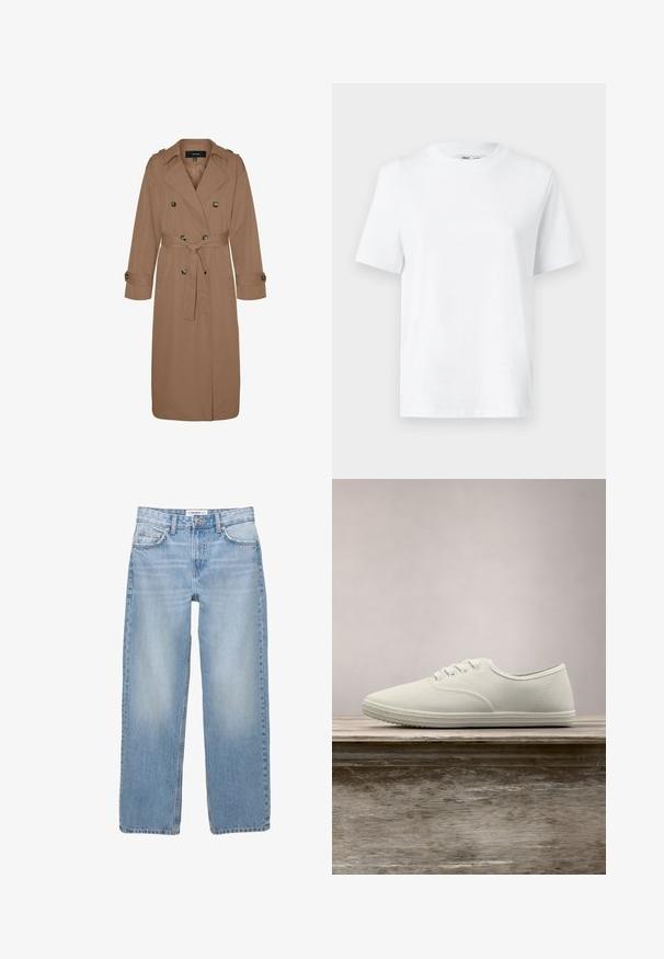Trench-coat croisé en tissu marron avec une taille ceinturée, un col à revers, des épaulettes et des accents de boutons sur les manches.; T-shirt en coton blanc à col rond, avec des manches courtes et une texture lisse. Conçu avec une coupe décontractée pour plus de confort et de polyvalence.; Jean en denim bleu clair avec une coupe droite, style cinq poches et des détails de couture visibles. Le tissu a une texture douce et légèrement décolorée.; Baskets en toile blanches avec un bout arrondi, six œillets et une semelle en caoutchouc texturée, suspendues au-dessus d'une surface en bois avec de l'herbe verte en arrière-plan.