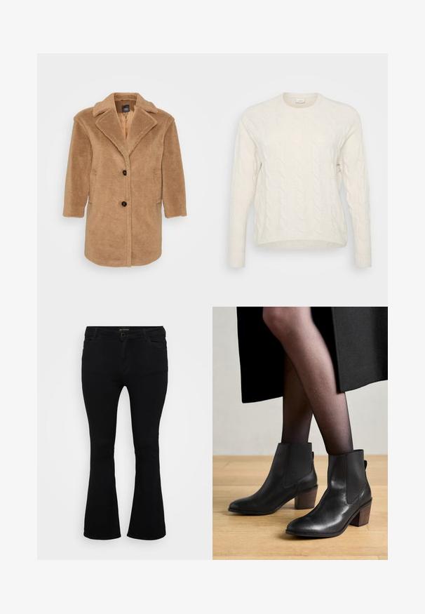 Brauner Kunstfellmantel mit Reverskragen, zwei vorderen Taschen, drei Knöpfen und einer strukturierten Oberfläche. Mittellanges Design.; Weißer, kabelgemusterter Pullover mit rundem Ausschnitt, langen Ärmeln und gerippten Bündchen. Die Textur zeigt erhabene, ineinander verwobene Muster.; Schwarze Schlagjeans aus Denim mit Knopfverschluss, fünf Taschen und einer glatten Textur. Klassisches Design mit ausgestellt geschnittenem Saum.; Schwarze Lederstiefeletten mit spitzer Zehenpartie, elastischen Seitenpaneelen und einem braunen Blockabsatz. Getragen mit transparenten schwarzen Strumpfhosen.