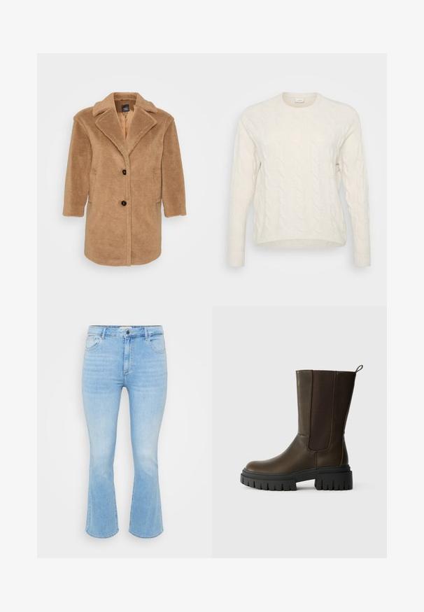 Brun kunstig pelsjakke med klapkrave, to forlommer, tre knapper og en struktureret overflade. Mellemlang design.; Hvid kabelstrikket sweater med rund halsudskæring, lange ærmer og ribbede manchetter. Teksturen har hævede, sammenflettede mønstre.; Lys blå denim jeans med en tætsiddende talje, flagrende bukseben, fem-lomme design og subtil forvitring i stofstrukturen.; Brune læder ankelstøvle med elastiske sidepaneler, chunky sort gummisål og en løkke for nem påtagning. Glat tekstur og moderne design.