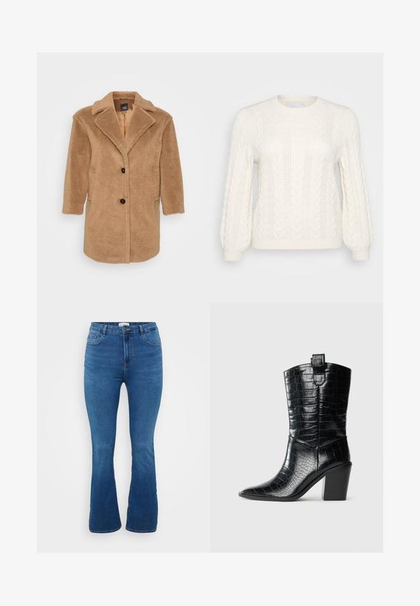 Brun kunstig pelsjakke med klapkrave, to forlommer, tre knapper og en struktureret overflade. Mellemlang design.; Hvid kabelstrikket sweater med lange ærmer, rundt halsudskæring, struktureret mønster og ribbede manchetter. Letvægtsmateriale med dekorative detaljer.; Flared denim jeans i mellemblå, med høj talje, forkostlommer og en glat struktur med minimal syning detaljer.; Sort westernstøvle til midten af lægen med spids tå, blokhæle og blank lædertekstur med krokodillepræg mod hvid baggrund.