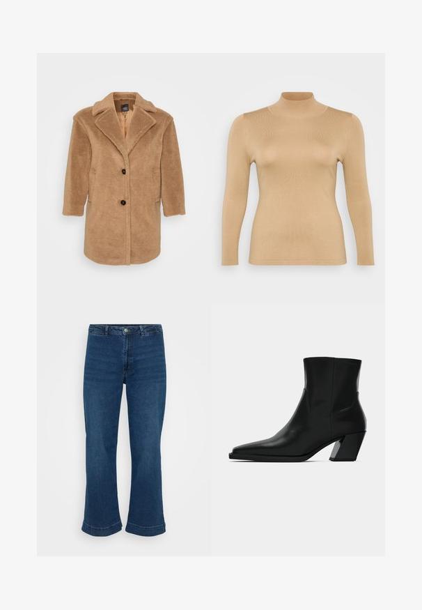 Brun kunstig pelsjakke med klapkrave, to forlommer, tre knapper og en struktureret overflade. Mellemlang design.; Beige rullekravebluse med lange ærmer, ribbet tekstur, tætsiddende design og høj krage. Glat materiale uden synlige udsmykninger.; Højtaljede blå jeans med lige ben og bred kant, lavet af denim. Har et klassisk fem-lomme design og lukning med metalknap.; Sortlæder ankelstøvle med spids tå, en slank silhuet og en kraftig firkantet hæl. Glat tekstur med minimale stikninger.