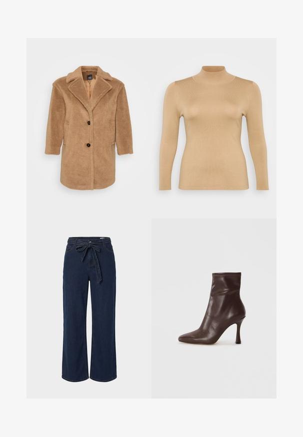 Brun kunstig pelsjakke med klapkrave, to forlommer, tre knapper og en struktureret overflade. Mellemlang design.; Beige rullekravebluse med lange ærmer, ribbet tekstur, tætsiddende design og høj krage. Glat materiale uden synlige udsmykninger.; Mørkeblå denimbukser med vide ben, forlommer og et stofbælte bundet i en sløjfe i taljen.; Brun læder ankelstøvle med spids tå og en slank stiletto hæl. Har en glat overflade og syet detalje omkring åbningen.
