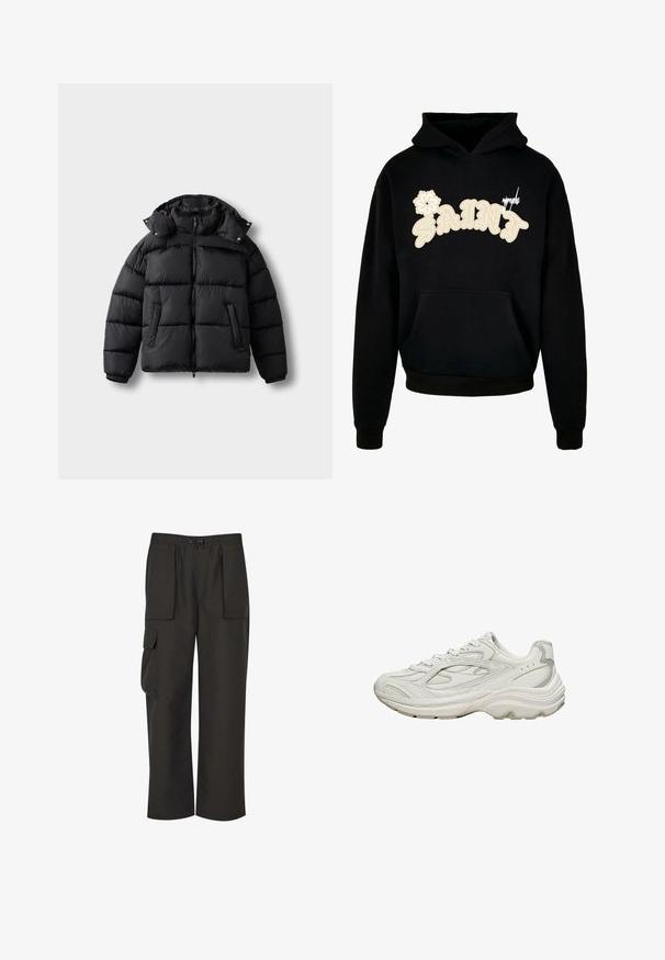 Sort puffer-jakke med lynlås foran, høj krave og trykknapper. Har vandrette quiltninger og to forlommer. Blødt, isoleret materiale.; Sort hættejakke med et stort beige "SAINT"-grafik og et blomstermotiv, med en kængurulomme og ribbede manchetter og nederkant.; Urban Classics TECHNICAL - Cargobukser - black; Hvid sneaker med en tekstureret overdel og en chunky sål. Den har buede linjer, subtile grå accenter og en snørelukning.