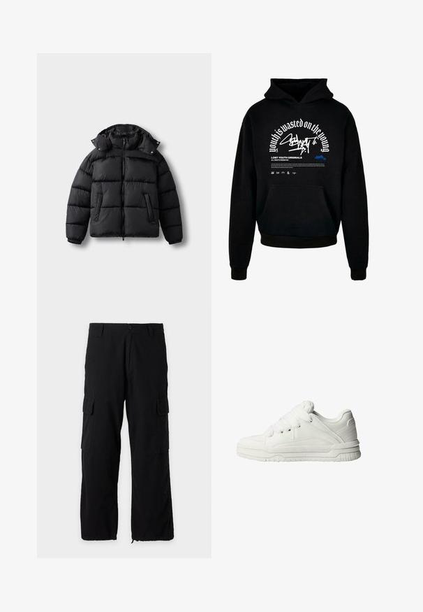Schwarze Pufferjacke mit Reißverschluss vorne, hohem Kragen und Druckknöpfen. Verfügt über horizontale Steppnähte und zwei vordere Taschen. Weiches, isoliertes Material.; Schwarzer Kapuzenpullover mit Fronttasche. Ausgestattet mit fettem weißen Text und Grafikdesign. Hergestellt aus weichem Material, mit gerippten Bündchen und Saumabschlüssen.; Schwarze Cargohosen mit seitlichen Klappentaschen, Knopf- und Reißverschluss, Gürtelschlaufen und verstellbaren Säumen.; Weiße Sneaker mit glattem Lederobermaterial, gepolstertem Zungenbereich, flachen Schnürsenkeln und strukturierten Akzenten an den Seiten und der Ferse.