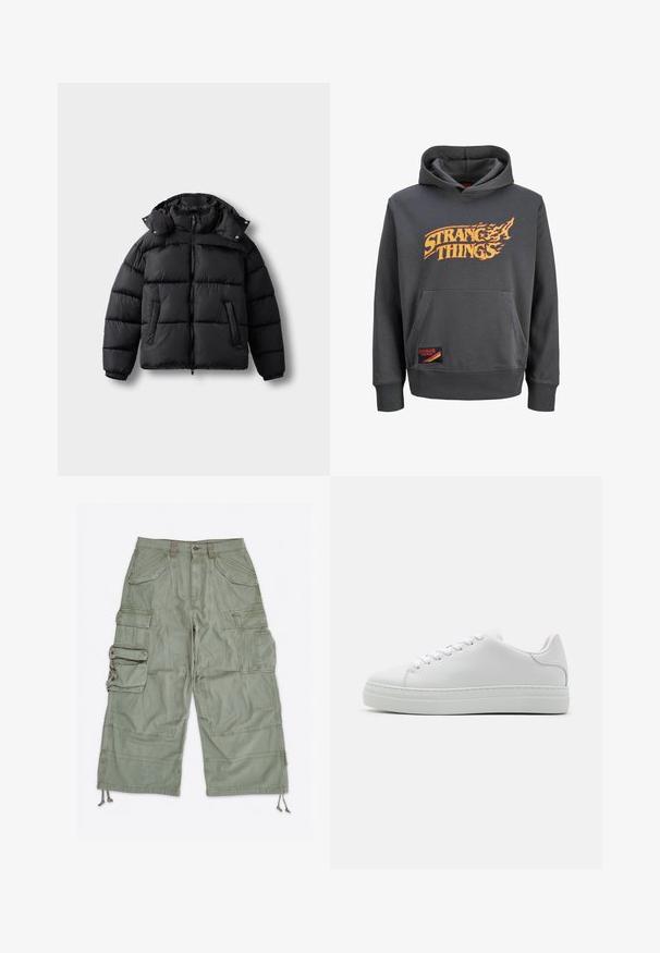 Zwarte pufferjack met een ritssluiting aan de voorkant, hoge kraag en drukknoopsluiting. Voorzien van horizontale stiksels en twee voorzakken. Zacht, geïsoleerd materiaal.; Donkergrijze hoodie met de tekst "Stranger Things" in gele en oranje vlammen op de voorkant, voorzien van een voorzak en een klein logoplaatje aan de zoom.; Lichtgroene cargoshorts met meerdere klepzakken, riemlussen, knoopsluiting en verstelbare trekkoorden bij de broekspijpen.; Witte leren sneaker met een chunky platformzool, ronde neus en zes veterogen. Gladde textuur met subtiele stiksels.