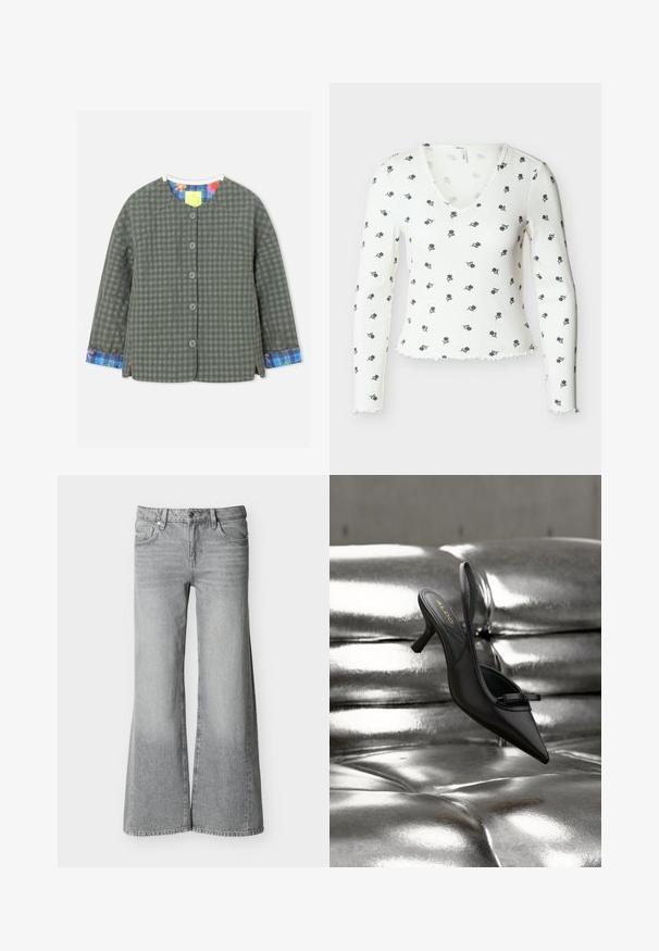 Veste boutonnée avec un motif à carreaux gris et vert foncé, manches longues, encolure ronde, et doublure intérieure des poignets et du col aux motifs floraux colorés et à carreaux.; Haut blanc côtelé à manches longues avec décolleté en V et petits imprimés floraux noirs, avec ourlets festonnés sur les manches et le bas.; Jean gris taille haute à jambes larges avec bouton frontal, fermeture éclair et cinq poches, présenté sur un fond blanc uni.; Chaussure à talon noire à bout pointu et bride arrière, avec un petit nœud, reposant sur un revêtement en cuir argenté brillant matelassé.