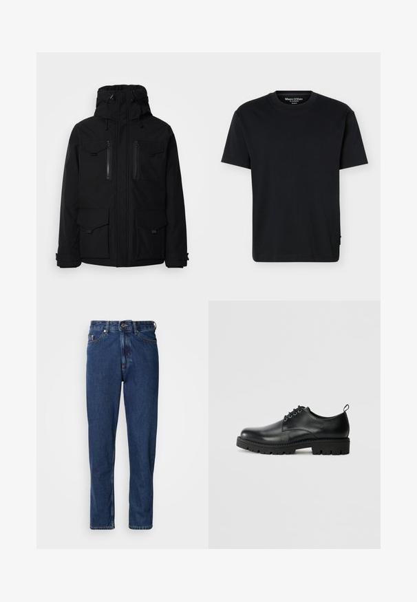 Zwarte winterjas met hoge kraag en capuchon, twee borstzakken met ritsen en twee grote zakken aan de voorkant. Soepele textuur.; Zwart T-shirt met korte mouwen, ronde hals, een relaxte pasvorm en Marc O’Polo branding aan de binnenkant van de kraag, op een effen achtergrond.; Donkerblauwe spijkerbroek gemaakt van denim, met een rechte pijp, vijfzakkenontwerp en zichtbare stiksels langs de naden.; Zwarte lederen schoen met een ronde neus, voorzien van een vetersluiting, stevige zwarte rubberen zool en een klein hieltabje aan de achterkant.