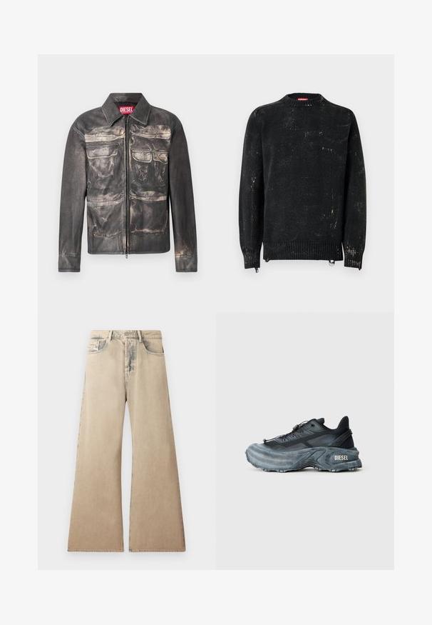 Schwarze Lederjacke mit einer leicht abgetragenen Optik, Front-Reißverschluss, zwei Brusttaschen und zwei unteren Taschen, mit einem kragenförmigen Ausschnitt.; Schwarzer Strickpullover mit rundem Hals, gerippten Bündchen und Saum. Verfügt über eine verwaschene Textur mit helleren Markierungen. Seitliche Reißverschlüsse zur Anpassung.; Beige weite Jeans mit verblichener Textur, Fünf-Taschen-Design und genähten Details entlang der Nähte. Der Bund hat einen klassischen Knopfverschluss.; Schwarz- und graue Diesel-Sneaker mit dicker Sohle, Schnürverschluss und strukturiertem Design auf einem schlichten hellgrauen Hintergrund.