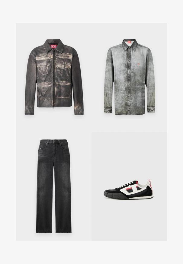 Sort læderjakke med en let forvitret finish, frontlynlås, to brystlommer og to nederste lommer, med en krave.; Langærmet skjorte i falmet grå denim med button-down krave, som har et lille rødt logo på brystet og struktureret stof.; Sorte straight-leg jeans lavet af denim, med fem lommer, bæltestropper og subtil falmning på stoffet for tekstur.; Diesel S PAGODHA LOW - Sneakers - black