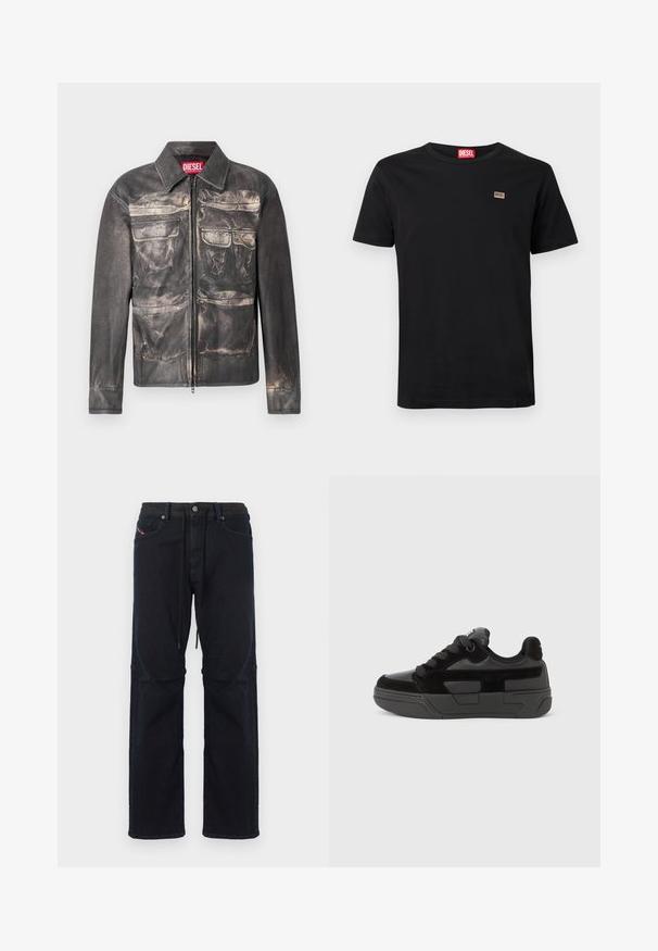 Schwarze Lederjacke mit einer leicht abgetragenen Optik, Front-Reißverschluss, zwei Brusttaschen und zwei unteren Taschen, mit einem kragenförmigen Ausschnitt.; Schwarzes kurzärmeliges T-Shirt aus Baumwolle mit Rundhalsausschnitt. Verfügt über einen kleinen Markenaufnäher auf der linken Brust.; Dunkel marineblaue Jeans mit lockerem Schnitt, ausgestattet mit einem Tunnelzugbund, fünf Taschen und dezenten kontrastierenden Nähten.; Schwarzer Sneaker mit einer Mischung aus glatten und strukturierten Materialien, ausgestattet mit einer runden Spitze, dicker Sohle und Schnürverschluss. Minimalistisches Design mit Akzenten.