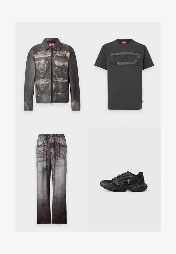 Sort læderjakke med en let forvitret finish, frontlynlås, to brystlommer og to nederste lommer, med en krave.; Grå bomulds-T-shirt med fed sort tekst, der lyder "PROPERTY OF D.I.E.S.E.L.", med en glat tekstur og korte ærmer.; Denimbukser med en falmet blå til grå gradient, elastisk talje og forlommer. Har en struktureret overflade med subtil syning.; Sorte atletiske sneakers med et mesh-overdel, teksturerede detaljer og polstret krave. Snørebåndsdesign med en tykk gummisål for støtte.