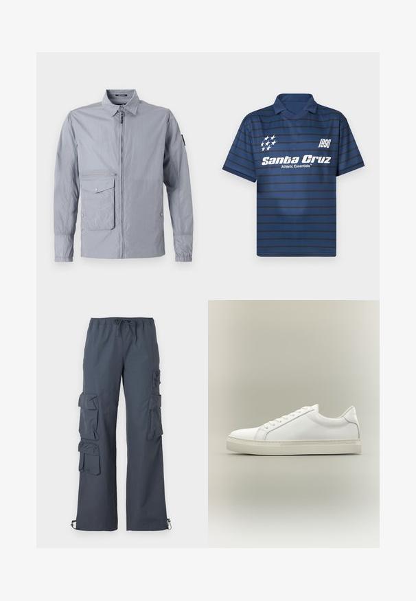Lichtgrijze windjack met een kraag, een ritssluiting aan de voorkant en een zijzak. Heeft elastische manchetten en een gladde, glanzende textuur.; Blauwe gestreepte poloshirt gemaakt van een gladde stof. Kenmerkt zich door een kraag, een logo met "Santa Cruz" en het jaar "1990" in het wit op de voorkant.; Donkergrijze cargo broek met een elastische tailleband, meerdere grote zakken aan de zijkanten en verstelbare boorden bij de enkels.; Witte lage sneaker met veters aan de voorkant en dikke zool, zijaanzicht tegen een neutrale achtergrond.