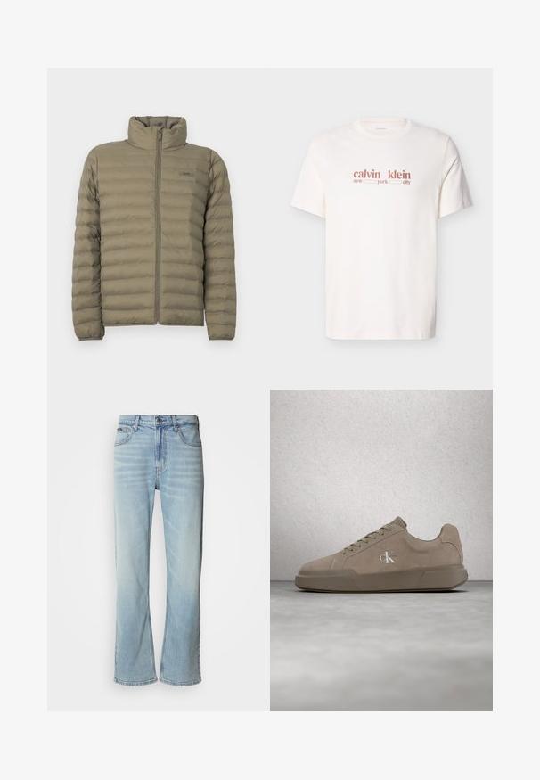 Veste rembourrée en vert olive, avec un col haut, fermeture éclair devant et texture matelassée horizontale. Étiquette de marque visible sur la poitrine.; T-shirt en coton blanc avec un texte rouge indiquant "calvin klein new york city." Manches courtes et col rond.; Jeans en denim bleu clair avec une coupe droite, dotés de cinq poches, d'une fermeture à bouton et d'une légère décoloration sur le tissu.; Baskets en daim beige avec lacets et logo "ck", présentées en suspension au-dessus d'un sol en béton poli avec un mur en blocs de verre en arrière-plan.