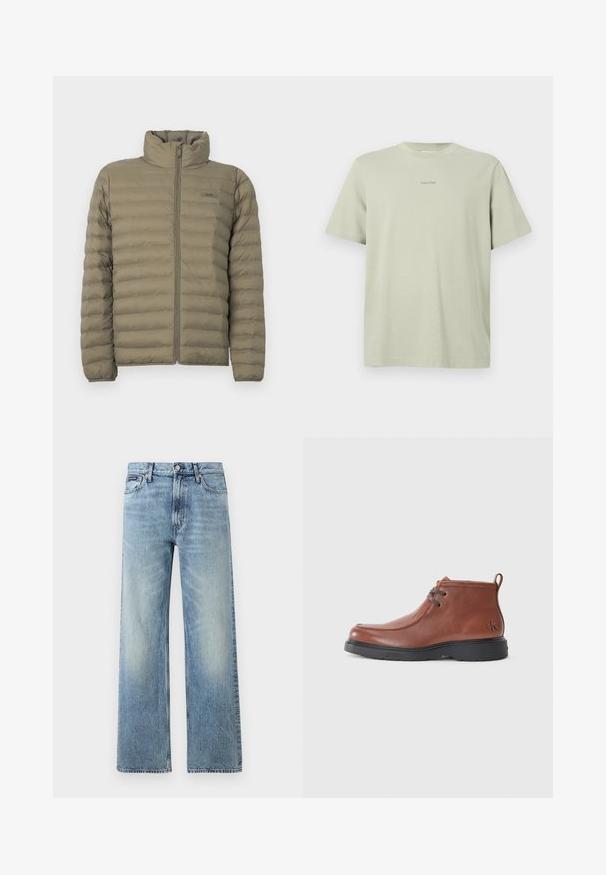 Veste rembourrée en vert olive, avec un col haut, fermeture éclair devant et texture matelassée horizontale. Étiquette de marque visible sur la poitrine.; T-shirt en coton vert clair avec un col rond, des manches courtes et un petit logo Calvin Klein imprimé en une teinte plus foncée sur la poitrine.; Jean droit en denim bleu clair avec taille haute, cinq poches, fermeture à boutons et léger délavage sur les cuisses et les genoux.; Bottines en cuir marron avec une embout rond, des détails de lacets et une semelle en caoutchouc noire. Logo notable sur le talon et accents de couture.