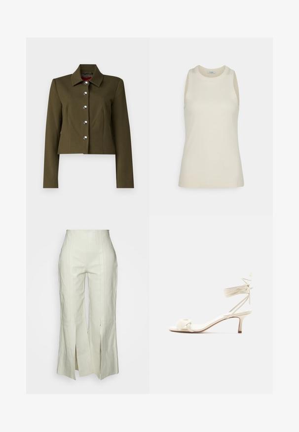 STAUD MARINO JACKET - Veste mi-saison - sergeant green; IVY OAK KLARA ANN - Débardeur - almond milk; By Malene Birger WARRAN - Pantalon en cuir - cream snow; Sandale à talon bas de couleur crème avec des liens à nouer autour de la cheville et une large bride torsadée sur les orteils, sur un fond blanc uni.