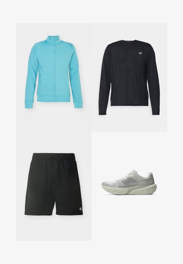 Helles blaues Zip-Jacke mit hohem Kragen, langen Ärmeln, gerippten Bündchen und Saum; aus weichem, dehnbarem Material; minimale Nähte.; Schwarzes, langärmliges Sportoberteil aus strukturiertem Stoff mit subtilen Perforierungen. Verfügt über ein kleines reflektierendes Logo auf der linken Brust.; Schwarze Baumwoll-Sportshorts mit elastischem Bund, verstellbarem Kordelzug und Logodetail am unteren linken Bein. Glatte Textur.; Hellgrauer Sportschuh mit dicker, geformter Sohle und gemustertem Obermaterial, mit einem stilisierten "N"-Logo an der Seite.