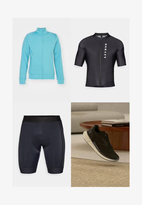 Helles blaues Zip-Jacke mit hohem Kragen, langen Ärmeln, gerippten Bündchen und Saum; aus weichem, dehnbarem Material; minimale Nähte.; Kurzarm-Radtrikot aus schwarzem, glattem Stoff. Mit einem Reißverschluss an der Vorderseite und "OAKLEY" in Weiß auf der linken Seite bedruckt.; Schwarze Radsportshorts mit glatter Textur, ausgestattet mit einem gepolsterten Bereich in der Mitte und einem schwarzen elastischen Bund mit "GripGrab"-Branding.; Schwarzer sportlicher Sneaker mit weißer Sohle schwebt über einem beigen Teppich, runder Holztisch mit gestapelten Büchern im Hintergrund eines modernen Wohnzimmers.