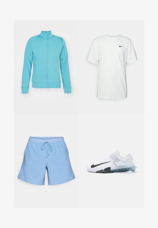 Helles blaues Zip-Jacke mit hohem Kragen, langen Ärmeln, gerippten Bündchen und Saum; aus weichem, dehnbarem Material; minimale Nähte.; Weißes Baumwoll-T-Shirt mit kurzen Ärmeln, rundem Halsausschnitt und schwarzem Nike-Logo auf der linken Brust. Glattes, leichtes Material.; Hellblaue Sportshorts mit elastischem Bund, verstellbarem Kordelzug und zwei Fronttaschen. Mit kleinem Nike-Logo am Saum.; Weißer Sportschuh mit schwarzem Nike-Swoosh, Obermaterial aus Mesh, drei schwarzen Streifen und einer verlaufenden Sohle von Blau nach Transparent. Verfügt über verstärkte Akzente.