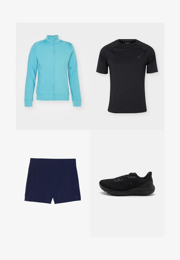 Helles blaues Zip-Jacke mit hohem Kragen, langen Ärmeln, gerippten Bündchen und Saum; aus weichem, dehnbarem Material; minimale Nähte.; Schwarzes kurzärmeliges Sport-T-Shirt mit Rundhalsausschnitt und kleinem Logo auf der linken Brust, dargestellt auf einfachem hellem Hintergrund.; Marineblaue Badeshorts aus leichtem Stoff, mit einem elastischen Bund und zwei Seitentaschen zur Aufbewahrung.; Schwarze Sportschuhe mit einem Mesh-Obermaterial, runder Zehenpartie und strukturiertem Gummisohle. Mit einem schwarzen Logo an der Seite und Schnürverschluss.