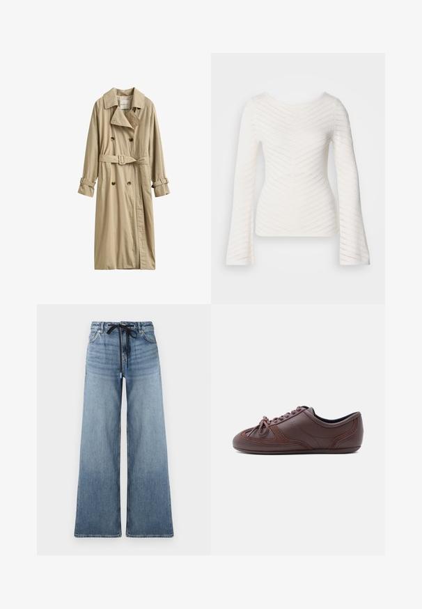 Trench-coat beige croisé avec ceinture et sangles à boucle sur les manches longues, avec un col classique et deux poches avant.; Haut blanc à manches longues avec une coupe ajustée, présentant des motifs en zigzag texturés et un col bateau. Confectionné en tissu doux et léger.; Jean en denim à jambes larges de couleur bleu clair avec une texture délavée. Équipé d'une taille ajustable avec un cordon noir et de poches traditionnelles.; Baskets basses marron avec lacets, détails en daim cousu et logo « HUGO » sur le côté, présentées de profil sur un fond blanc.