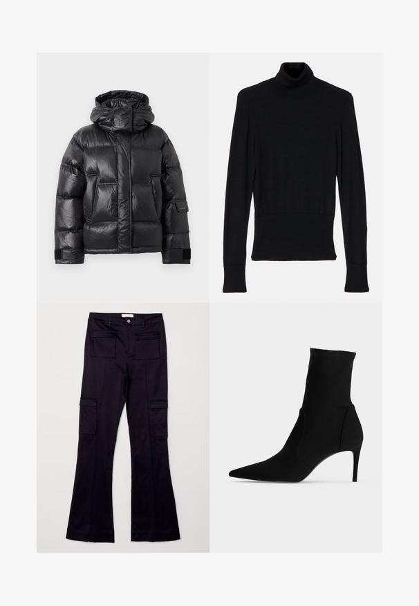 Zwarte glanzende pufferjas met hoge kraag en capuchon, voorzakken en verstelbare klittenbandsluitingen op de mouwen.; AERON TENDER LONG SLEEVED - Trui - black; Zwarte flared cargo pants met twee voorke pockets en twee zijzakken, gemaakt van een gladde stof met een subtiele glans.; Zwarte enkellaars met spitse neus en slanke hoge hak, in profiel getoond op een lichte achtergrond. Stijlvol en minimalistisch ontwerp.