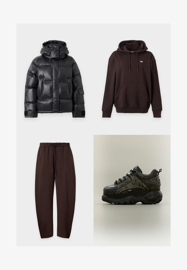 Doudoune noire brillante avec col haut et capuche, poches avant et straps ajustables en Velcro sur les manches.; Sweat à capuche marron foncé avec poche avant et petit logo Adidas blanc sur la poitrine gauche sur un fond clair uni.; Pantalon décontracté marron avec taille élastique et cordon, présenté à plat sur un fond clair.; Baskets épaisses noires et marron avec semelle plateforme, panneaux latéraux imprimé serpent, lacets noirs et languette au talon, vues de côté.