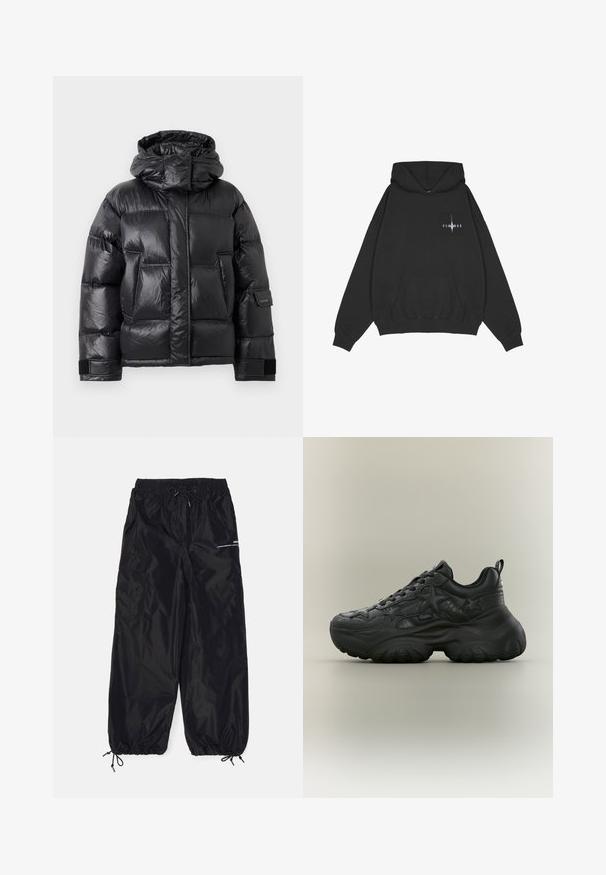 Zwarte glanzende pufferjas met hoge kraag en capuchon, voorzakken en verstelbare klittenbandsluitingen op de mouwen.; Pegador Hoodie - washed black; Zwarte cargobroek van glanzend nylon met een elastische tailleband, verstelbaar trekkoord, zijzakken en elastische boorden.; Zwarte chunky sneaker met sterrenpatronen, textuurdetails, dikke zool en trek-lus op een neutrale achtergrond.