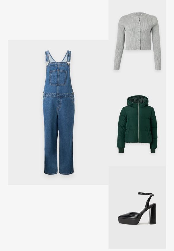 Donkergroene gewatteerde winterjas met capuchon, ritssluiting aan de voorkant, twee zijzakken en geribde boorden.; Jeanssalopette met verstelbare bandjes, een voorzak en zijzakken. De kleur is een middeldonkere blauwe tint met een licht vervaagde structuur.; Grijze geribbelde cardigan met lange mouwen, knoopsluiting en ronde halslijn. Heeft een cropped ontwerp en een zachte textuur.; Zwarte plateauhakken met een puntige neus en verstelbare enkelband. Gemaakt van soepel leer, met een robuuste blokhak.