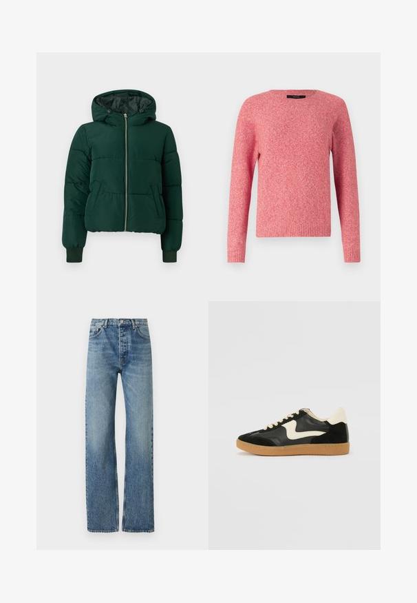 Veste d'hiver matelassée vert foncé avec capuche, fermeture éclair frontale, deux poches latérales et poignets côtelés.; Pull en laine rouge avec un col rond et des manches longues. Présente un tissu texturé et des poignets et un ourlet côtelés.; Jean bleu clair taille haute avec un design à jambe droite, en tissu denim. Caractéristiques classiques avec cinq poches et quincaillerie en argent.; Baskets en daim et cuir noir avec un swoosh latéral crème et un talon crème clair. Dotées de lacets beige et d'une semelle en caoutchouc gomme.