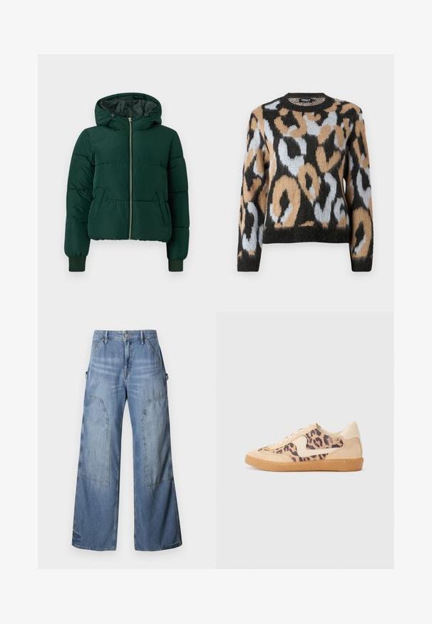 Mørkegrøn polstret vinterjakke med hætte, frontlynlås, to sidelommer og ribstrikkede ærmegab.; Sweater med leopardmønster, rund halsudskæring, lange ærmer og en blanding af sorte, brune og lyseblå farver med struktureret strikstof.; Good American GOOD EASE RELAXED - Jeans Relaxed Fit - indigo; Leopardprint sneakers med beige ruskindsoverdel, tan gummisål og hvide detaljer. Rund pegefinger og snørebåndsdesign med en tekstureret finish.