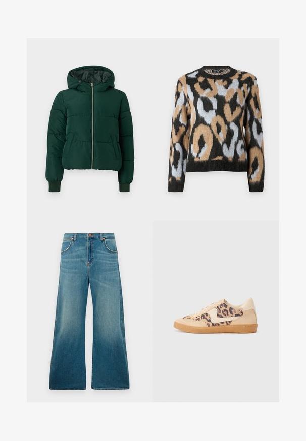 Mørkegrøn polstret vinterjakke med hætte, frontlynlås, to sidelommer og ribstrikkede ærmegab.; Sweater med leopardmønster, rund halsudskæring, lange ærmer og en blanding af sorte, brune og lyseblå farver med struktureret strikstof.; Højtaljede blå denimjeans med brede ben, frontlommer, knaplukning og en falmet farvegradient fra talje til kant.; Leopardprint sneakers med beige ruskindsoverdel, tan gummisål og hvide detaljer. Rund pegefinger og snørebåndsdesign med en tekstureret finish.