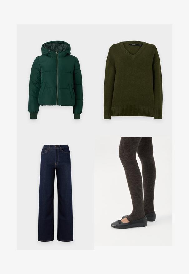 Mørkegrøn polstret vinterjakke med hætte, frontlynlås, to sidelommer og ribstrikkede ærmegab.; Oliven grøn sweater med V-hals design, lavet af blødt stof. Har ribbede manchetter og kant for en tætsiddende finish.; Mørkeblå bredbenede jeans lavet af denim, med høj talje, fire lommer og kontrastfarvet syninger langs sømmene.; Ben iført mørke ribbede leggings kombineret med sorte balletsko med små sløjfedetaljer på hvid baggrund.