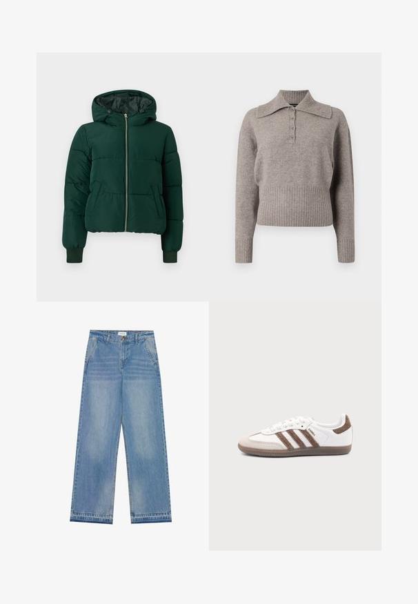 Veste d'hiver matelassée vert foncé avec capuche, fermeture éclair frontale, deux poches latérales et poignets côtelés.; Pull en maille gris clair avec un col, fermeture à boutons sur le devant et ourlet et poignets côtelés. Texture douce et design décontracté.; Jean large taille haute bleu clair avec fermeture à bouton, poches avant, passants de ceinture et détails légèrement décolorés.; Baskets Adidas Samba blanches avec des bandes en daim marron, semelle en caoutchouc marron et bout en daim beige, vues du côté extérieur sur un fond uni.