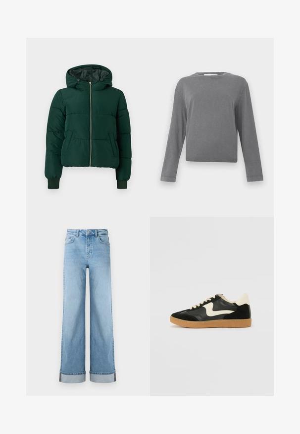 Dunkelgrüne, wattierte Winterjacke mit Kapuze, Frontreißverschluss, zwei Seitentaschen und gerippten Bündchen.; Langarm, einfarbig graues Rundhals-Shirt mit einer leicht gewaschenen Stofftextur, vor einem weißen Hintergrund präsentiert.; Hellblaue weite Jeans im klassischen Denim mit hoher Taille, ausgestattet mit umgeschlagenen Säumen und sichtbaren Nähten.; Schwarze Wildleder- und Leder-Sneaker mit einem cremefarbenen Seiten-Swoosh und einer hellcremefarbenen Ferse. Ausgestattet mit beige Schnürsenkeln und einer Gummilaufsohle.