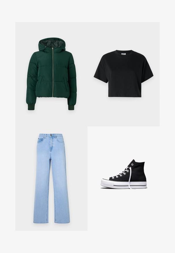 Dunkelgrüne, wattierte Winterjacke mit Kapuze, Frontreißverschluss, zwei Seitentaschen und gerippten Bündchen.; Schwarzes cropped T-Shirt mit kurzen Ärmeln, Rundhalsausschnitt, aus glattem Baumwollstoff, mit minimalistischem Design und dezenten Steppdetails.; Hellblaue High-Waist-Jeans mit weitem Bein, aus Denim gefertigt. Hervorgehobene Nähte und Fünf-Taschen-Design.; Schwarzer High-Top-Canvas-Sneaker mit weißer Gummisohle und weißen Schnürsenkeln, seitlich dargestellt vor weißem Hintergrund.