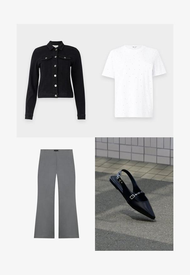 Sort denimjakke med lange ærmer, frontknaplukning, to brystlommer med klap og en cropped design. Mat sølv hardware detaljer.; Hvid bomulds t-shirt med rund hals og korte ærmer, prydet med spredte sorte prikker for ekstra tekstur og detalje.; Grå breddebukser med en glat tekstur, der har høj talje og et rent design. Ingen synlige mønstre eller hardware-detaljer.; Sort flad slingback med spids tå og dobbelte spænder, hvilende på grå asfalt nær flisevæg.