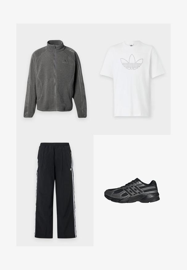 Chaqueta de forro polar gris con cremallera y alto cuello, bolsillos laterales y un sutil logo de Adidas y tres franjas en las mangas.; Camiseta de algodón blanca que presenta un contorno negro punteado de un logo de trébol en la parte frontal. Mangas cortas y cuello redondo.; Pantalones anchos de pierna negra con rayas blancas a los lados, cintura elástica, pinzas delanteras y logo de Adidas en el muslo derecho.; Zapatillas deportivas negras hechas de malla y materiales sintéticos, que presentan una superficie texturizada, múltiples rayas grises y un collar acolchado.