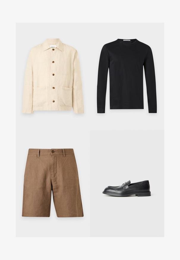 Veste beige en lin à manches longues avec col, cinq boutons marron sur le devant et deux poches plaquées à l'avant.; T-shirt noir à manches longues, col rond, coupe ajustée et petite étiquette "Tiger of Sweden" à l'intérieur du col.; Short marron décontracté longueur genou avec passants de ceinture, fermeture par bouton et poches avant, en tissu texturé.; Mocassins en cuir noir avec une finition texturée, dotés d'une bride décorative à l'avant et d'un bout arrondi. Semelle en caoutchouc pour plus de durabilité.