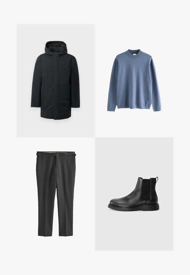 Zwarte geïsoleerde parka met capuchon, voorzien van een voorritssluiting, zijzakken en een gladde buitenkant. Minimalistisch ontwerp.; Lichtblauwe ronde hals trui van zacht materiaal. Heeft lange mouwen, een geribde kraag en een comfortabele pasvorm. Geen zichtbare patronen of accenten.; Donkergrijze op maat gemaakte broek met een gladde textuur, knoopsluiting, riemlussen en zijzakken. Heeft een platte voorkant met scherpe plooien.; Zwarte leren Chelsea boots met een gestructureerde afwerking, elastische zijpanelen en een stevige rubberen zool. Subtiele branding op de hiel.