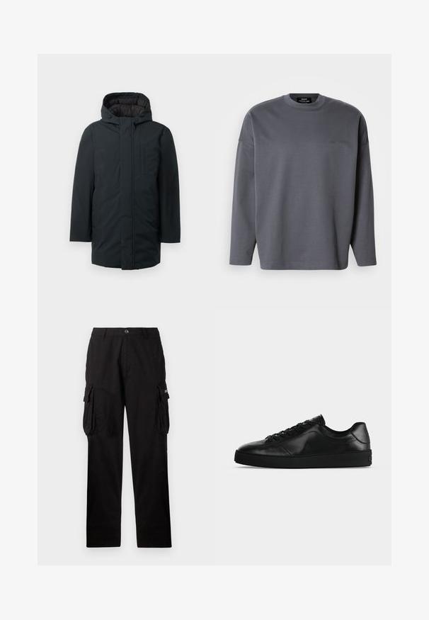 Parka aislante negra con capucha, que cuenta con un cierre frontal de cremallera, bolsillos laterales y una textura exterior suave. Diseño minimalista.; Sudadera gris de manga larga con cuello redondo, hecha de material suave. Presenta un logotipo sutil en la esquina superior izquierda. Corte ajustado.; Pantalones cargo negros hechos de un tejido duradero, con un corte relajado, bolsillos laterales y cierre de botón. Textura suave con un ligero brillo.; Zapatilla de cuero negra de perfil bajo con cordones en la parte delantera y suela plana texturizada, mostrada de lado sobre un fondo neutro.